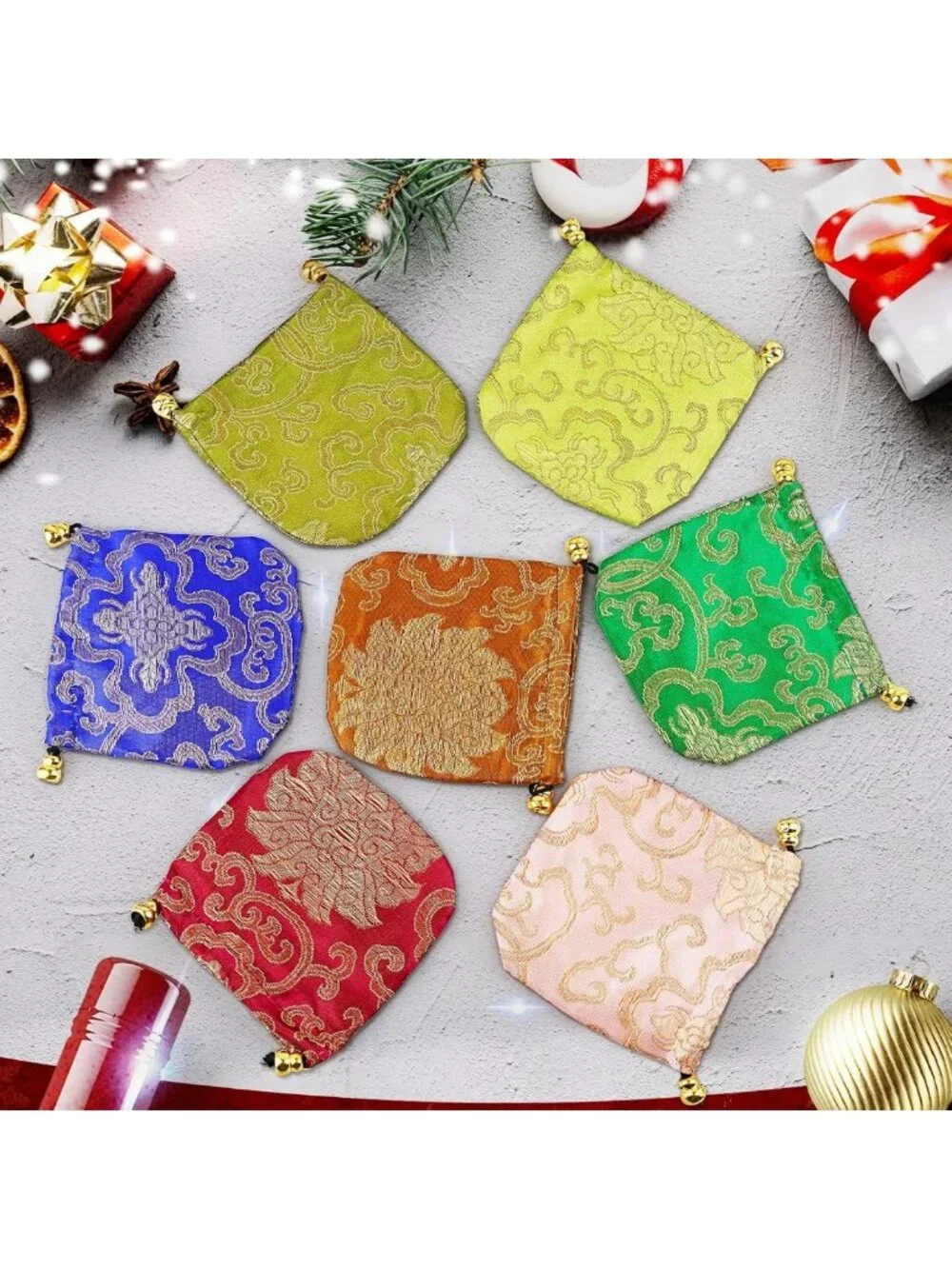 Embroidered Silk Brocade Drawstring Jewelry Pouch Bag - 30 Pcs Set